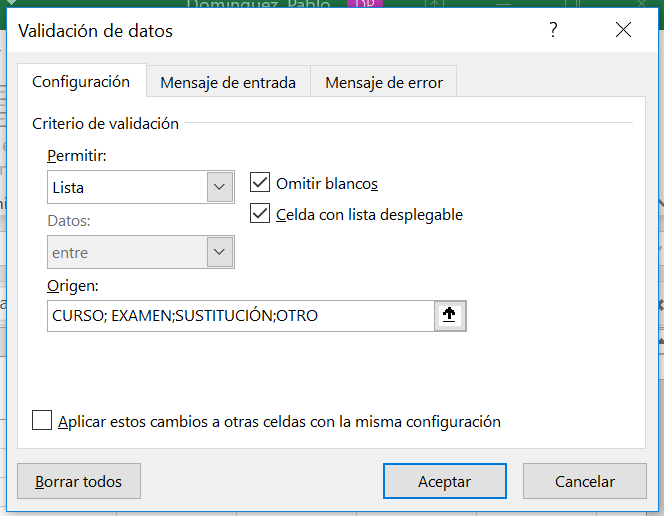 Validación de datos de lista