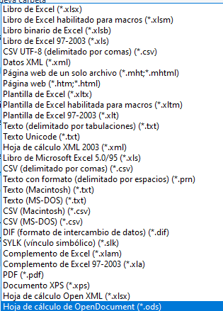 Tabla de formatos en excel