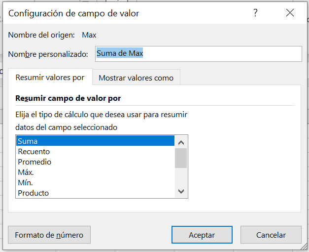configuración tabla dinámica 3
