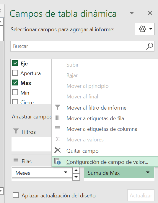 configuración tabla dinámica 2