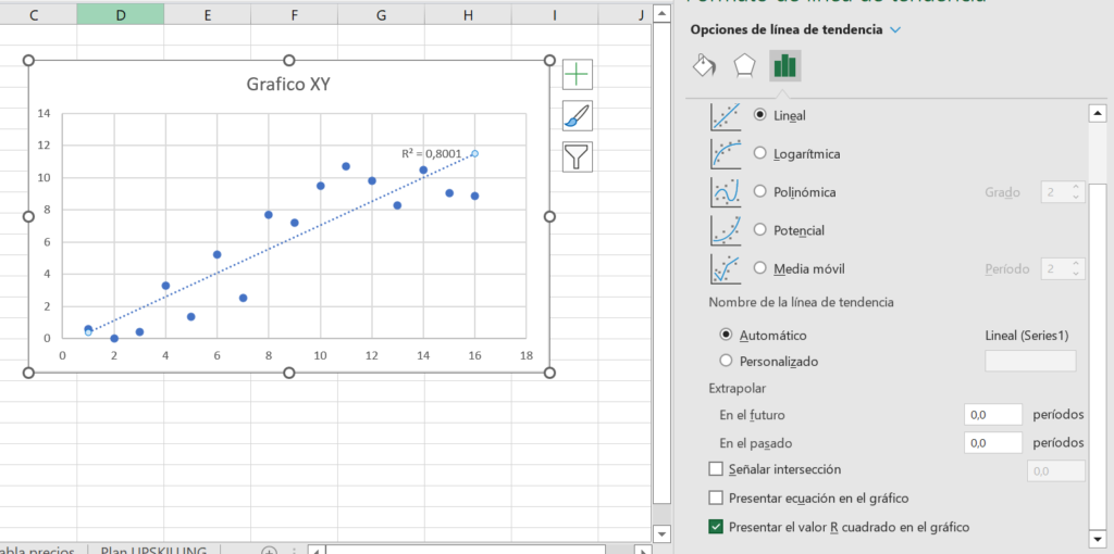 presentar R cuadrado en un grafico de excel